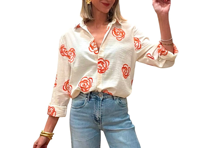jolie jolie Camisa bordada beige&naranja Descuento por venta flash