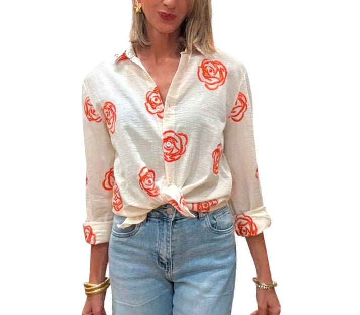 jolie jolie Camisa bordada beige&naranja Descuento por venta flash