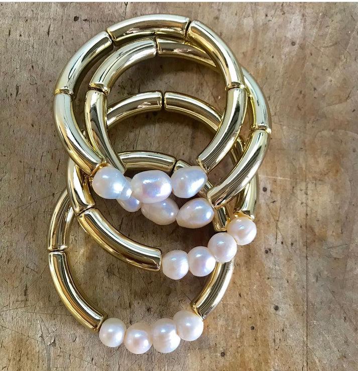 jolie jolie Pulsera elástica perlas resina dorada Ahorra y exporta