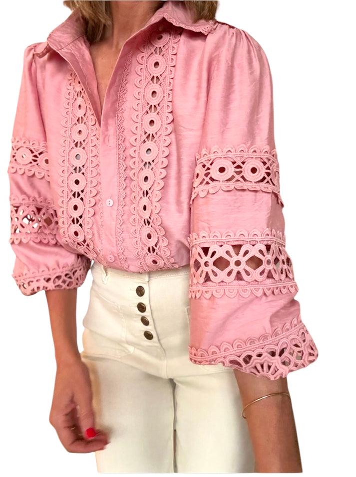 jolie jolie Camisa bordados rosa Envío gratis
