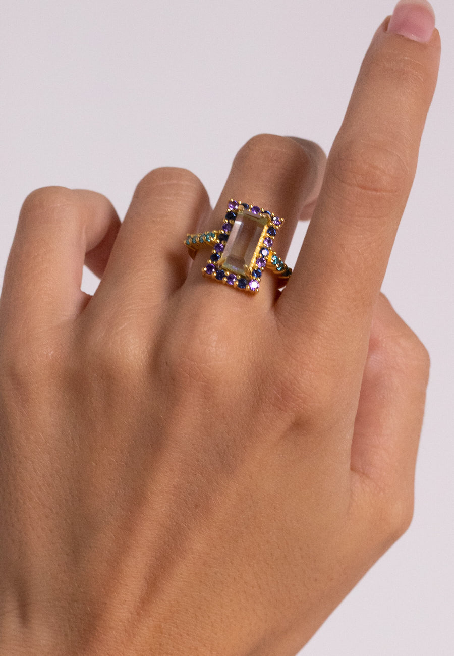 lavani Anillo Rivoli Rosetón Aguamarina y Morado Ahorra y exporta