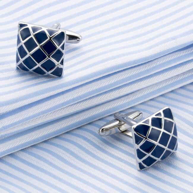 shlax & wing Mens Cufflinks Stainless steel Blue Checkes Pattern Enamel Elegant Style Mens Cuffs 89 Libre de impuestos