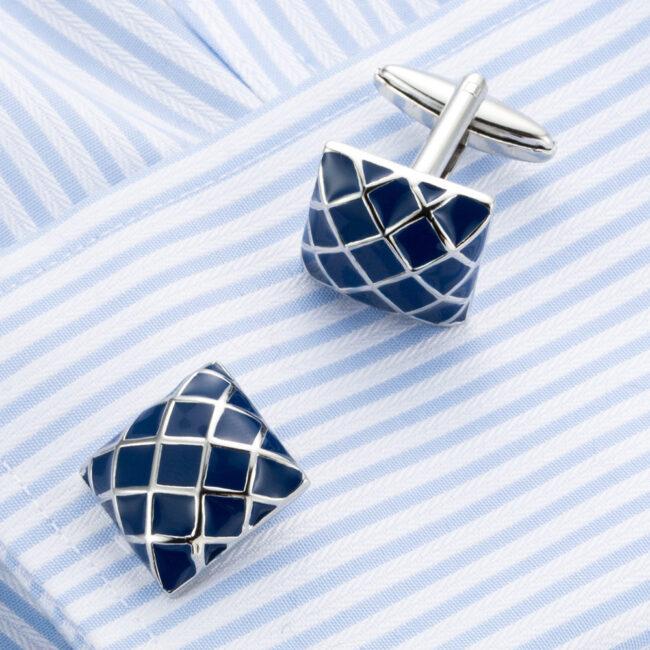 shlax & wing Mens Cufflinks Stainless steel Blue Checkes Pattern Enamel Elegant Style Mens Cuffs 89 Libre de impuestos