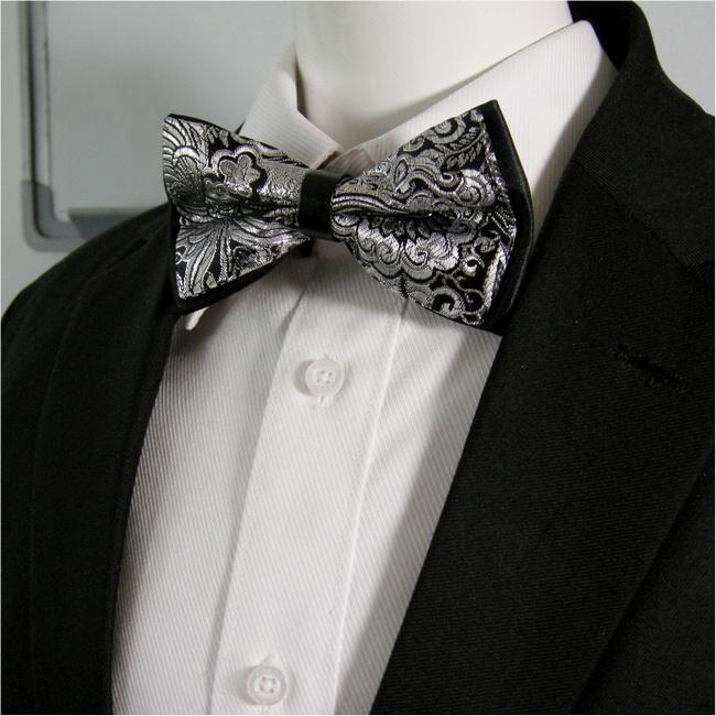 shlax & wing Silver Black Abstract Mens Bow Tie Pre-tied Ajustable SilkBlend Wedding Dress Silk Blend Outlet