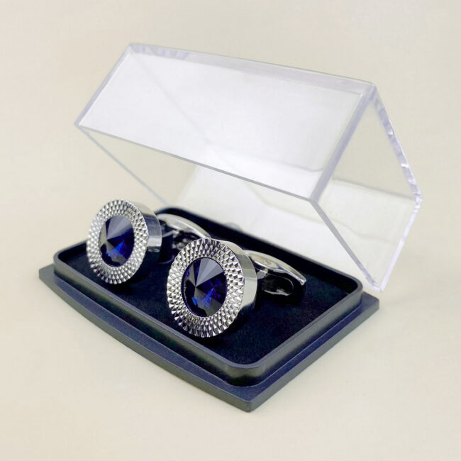 shlax & wing Cufflinks for Men Blue Crystal Shiny Men’s Cuff Links Silver Circular 95 Promoción trimestral