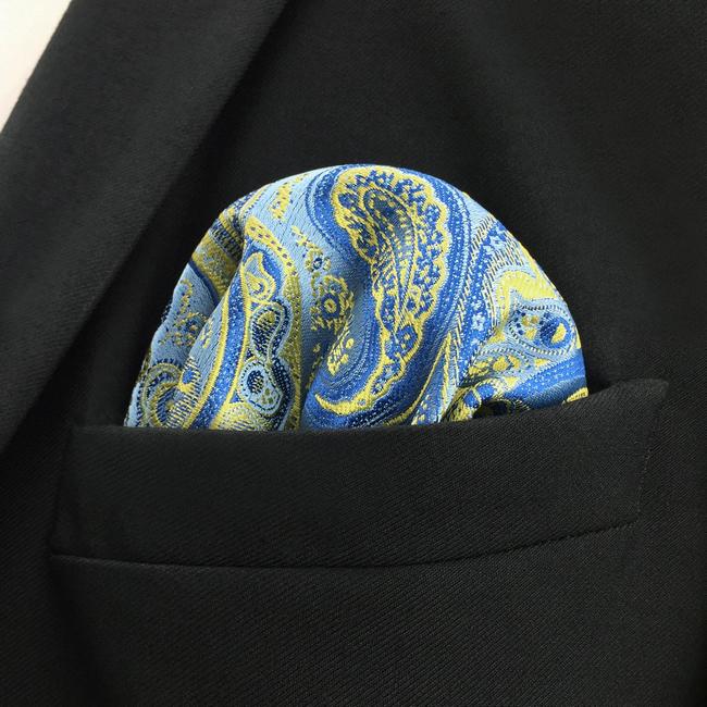shlax & wing EH8 Azure Yellow Paisley Silk Mens Pocket Square Wedding Classic Handkerchief Classic Novelty Hanky Tienda
