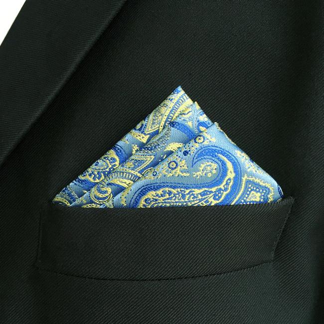shlax & wing EH8 Azure Yellow Paisley Silk Mens Pocket Square Wedding Classic Handkerchief Classic Novelty Hanky Tienda