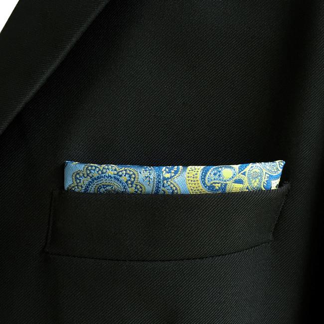 shlax & wing EH8 Azure Yellow Paisley Silk Mens Pocket Square Wedding Classic Handkerchief Classic Novelty Hanky Tienda