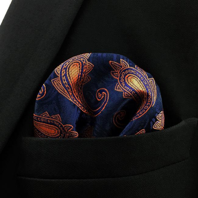shlax & wing MH25 Paisley Navy Blue Orang Apricot Pocket Square Mens Neckties Jacquard Woven Precio ultrabajo