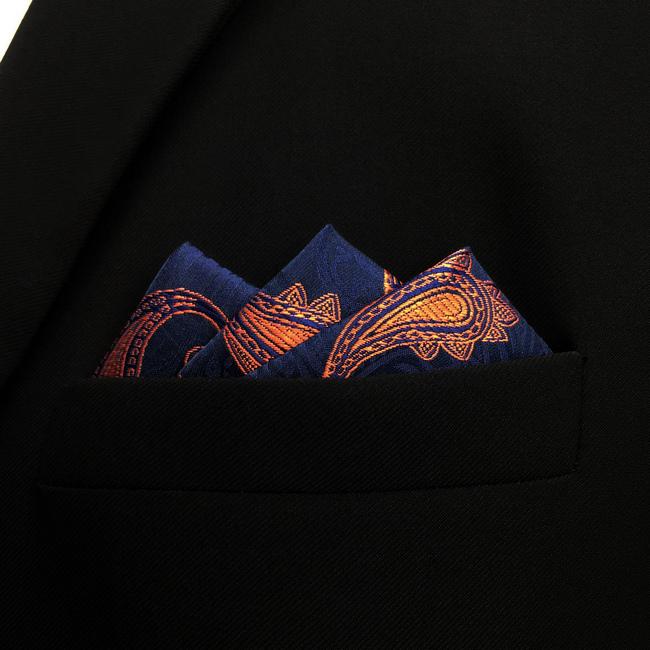 shlax & wing MH25 Paisley Navy Blue Orang Apricot Pocket Square Mens Neckties Jacquard Woven Precio ultrabajo