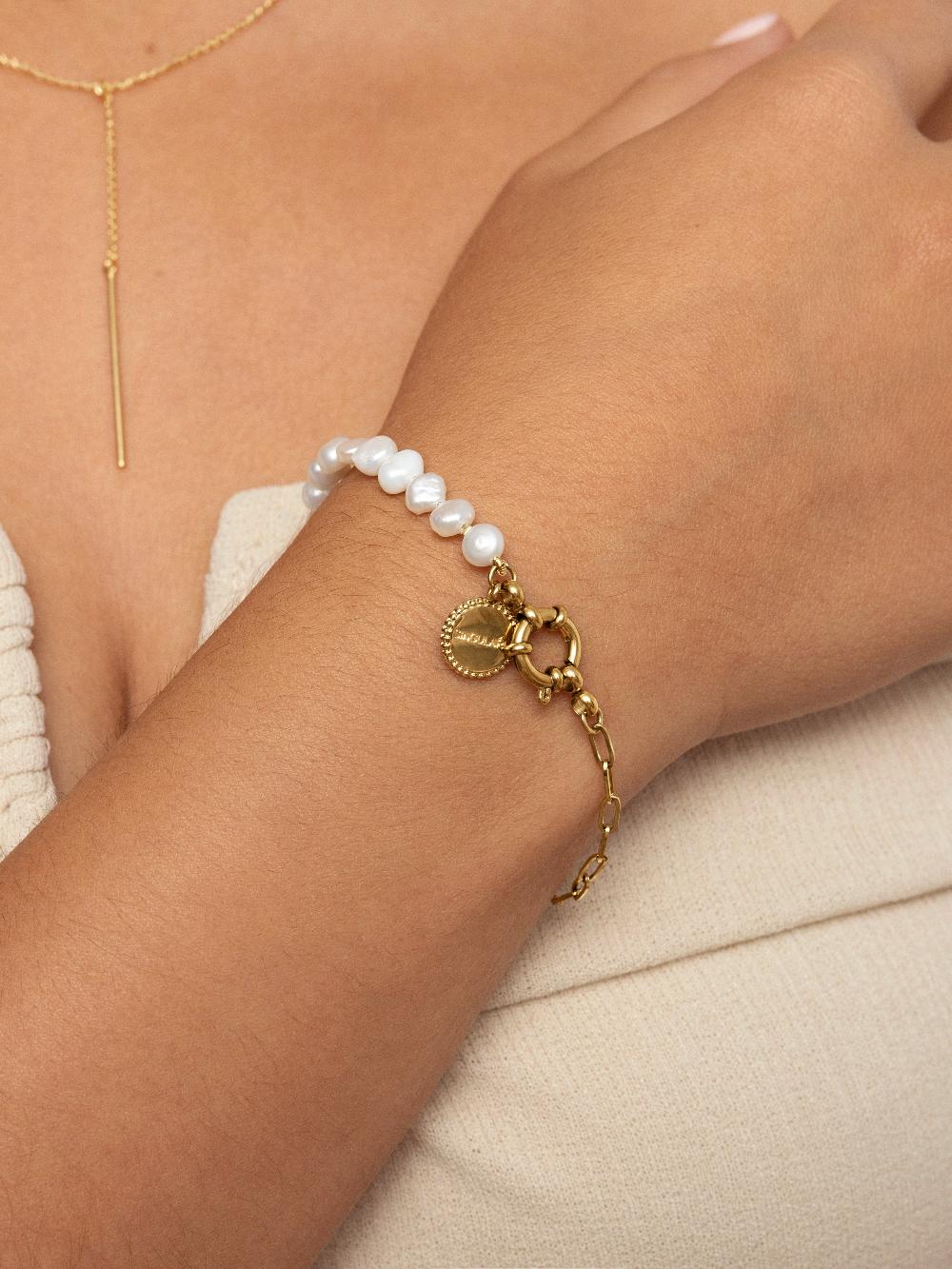 singularu Pulsera Chic Pearl Acero Baño Oro Precio de fábrica