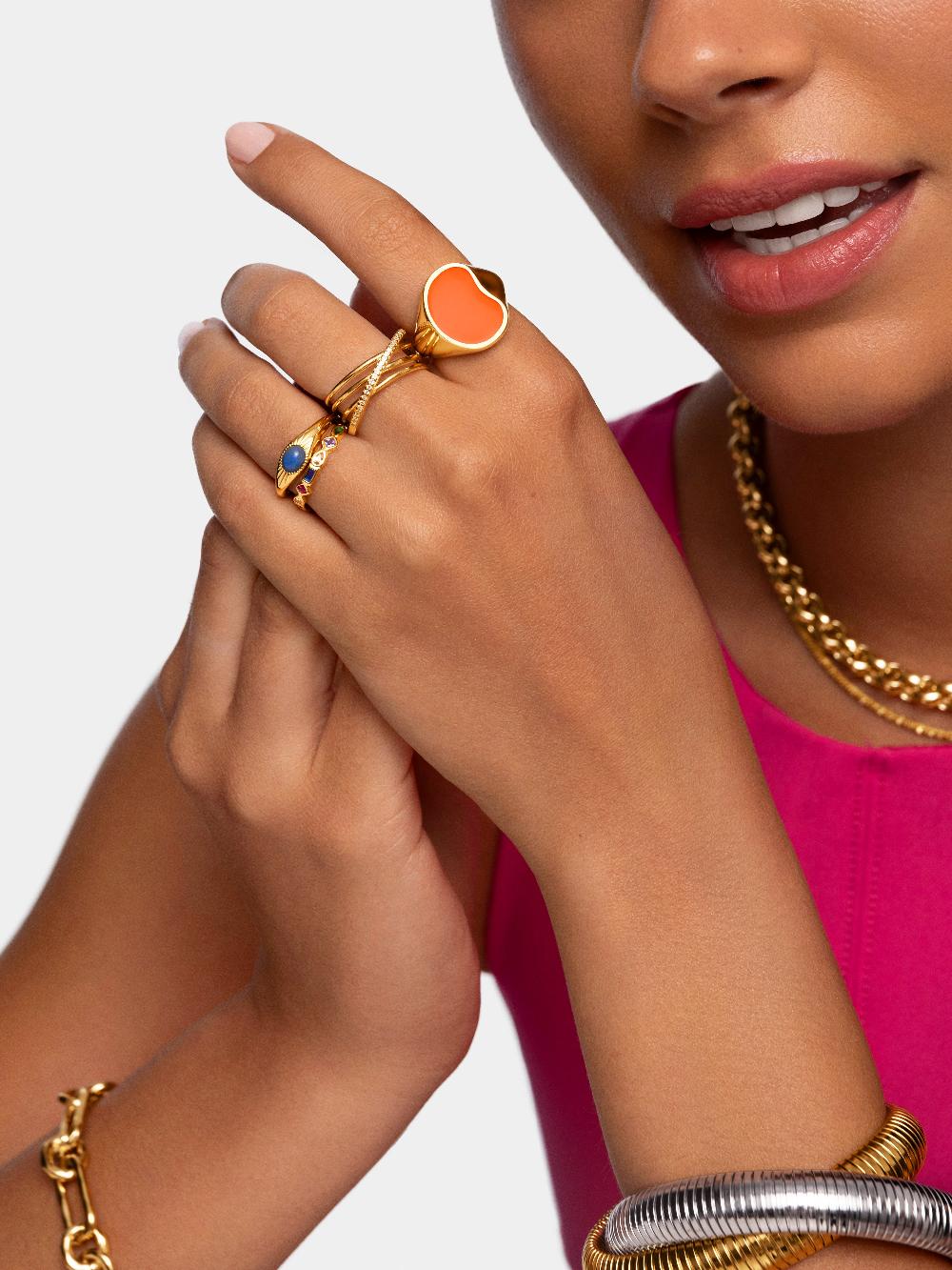 singularu Anillo Signet Bean Neon Orange Enamel Baño Oro Rebajas baratas