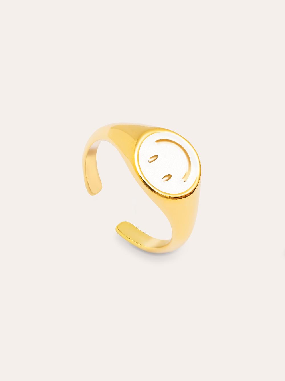 singularu Anillo Smiley White Enamel Baño Oro Gran oferta