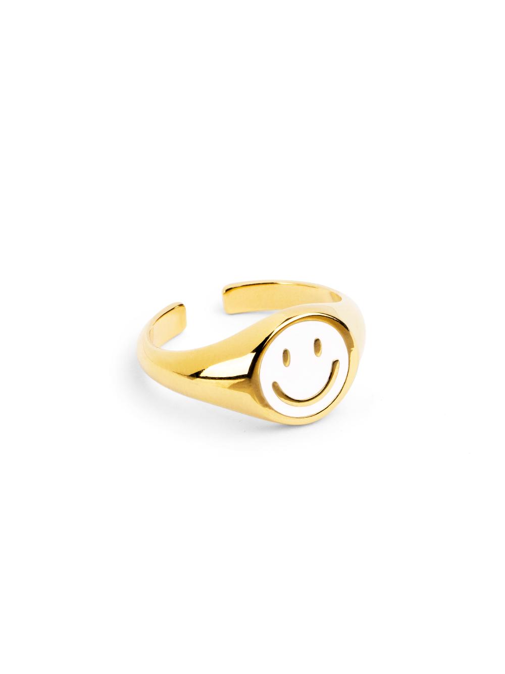 singularu Anillo Smiley White Enamel Baño Oro Gran oferta