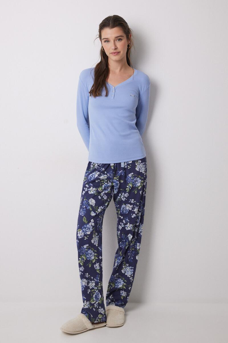 women'secret Pijama largo 100% algodón canalé azul flores Rebajas baratas