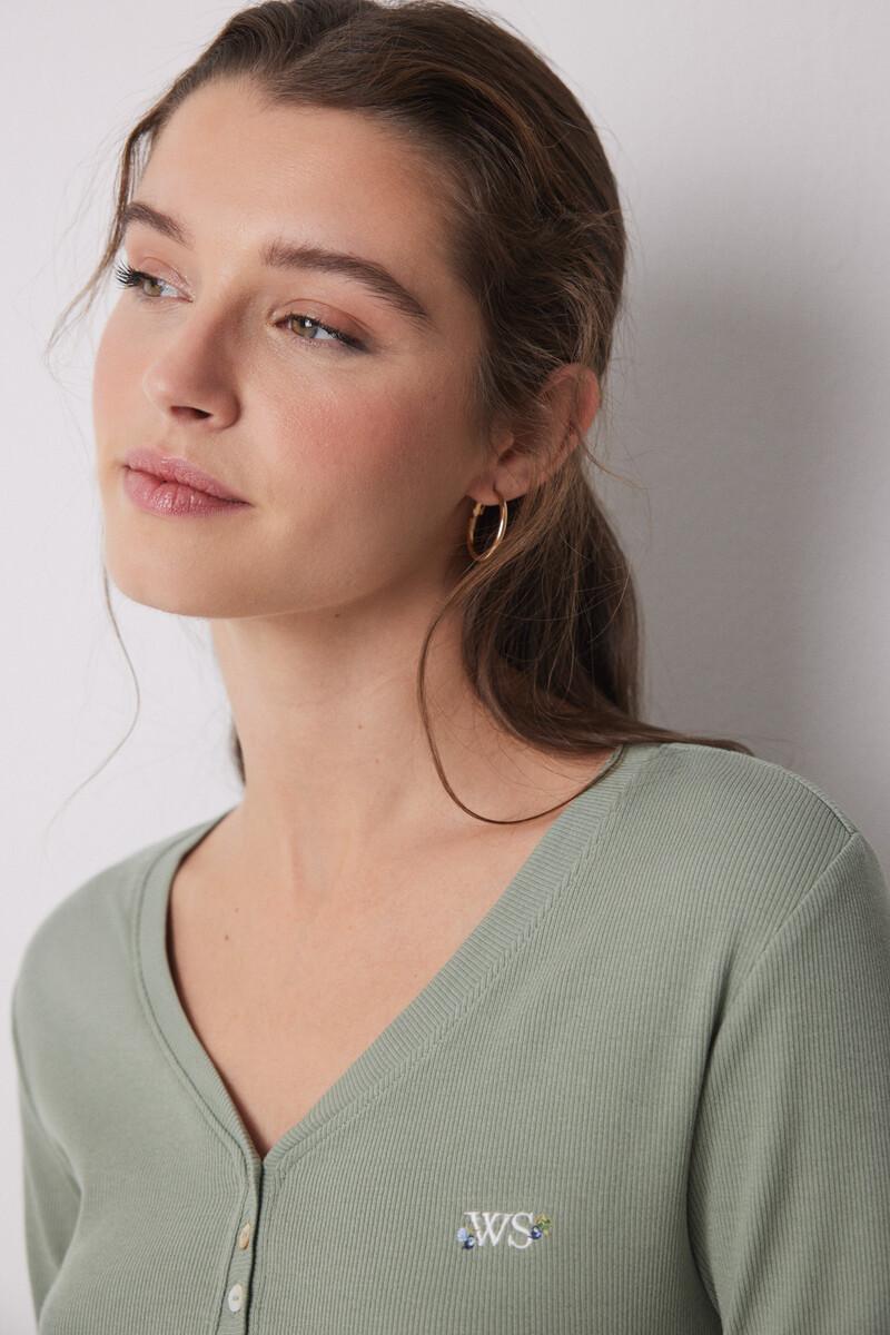 women'secret Pijama largo 100% algodón canalé verde flores Último día