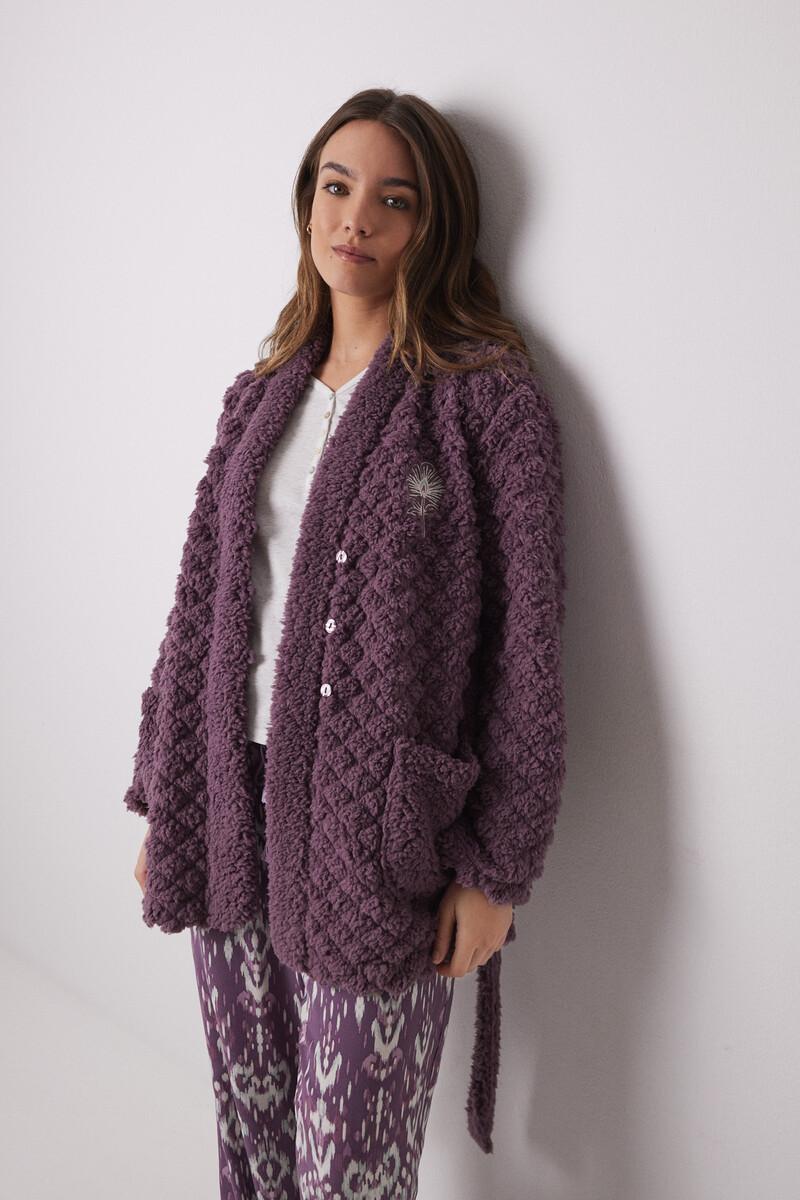 women'secret Bata corta borreguito acolchado morado Ventas relámpago