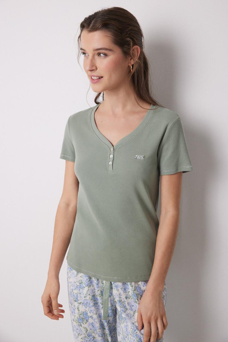 women'secret Pijama 100% algodón canalé verde flores Promoción trimestral