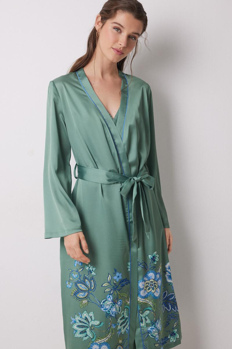 women'secret Bata midi satén verde flores Precio de fábrica