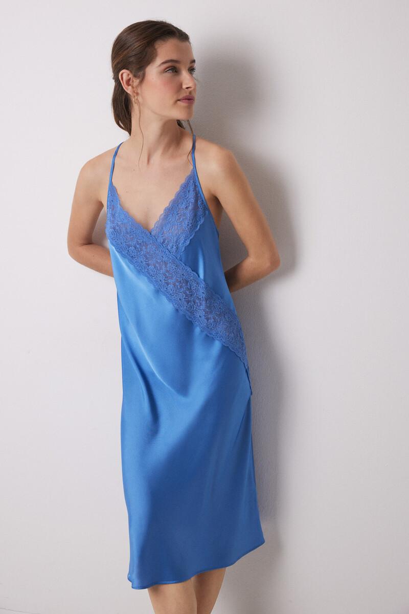 women'secret Camisón midi satén y encaje azul Promoción por tiempo limitado