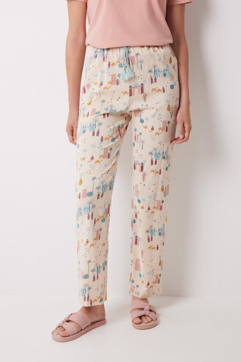 women'secret Pantalón largo 100% algodón marfil Outlet