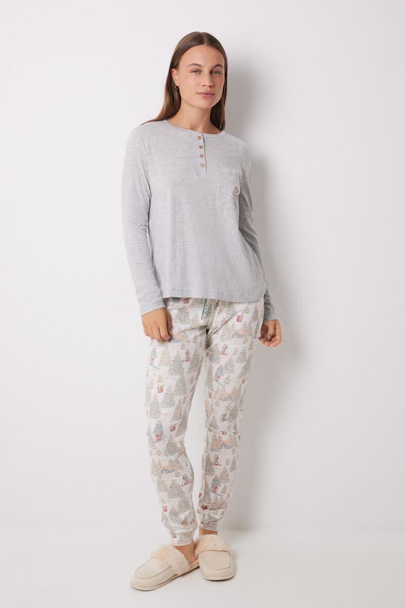 women'secret Pijama largo 100% algodón motivos navideños gris Precio ultrabajo
