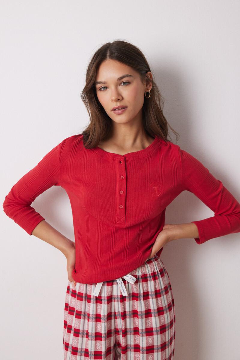 women'secret Camiseta manga larga canalé roja