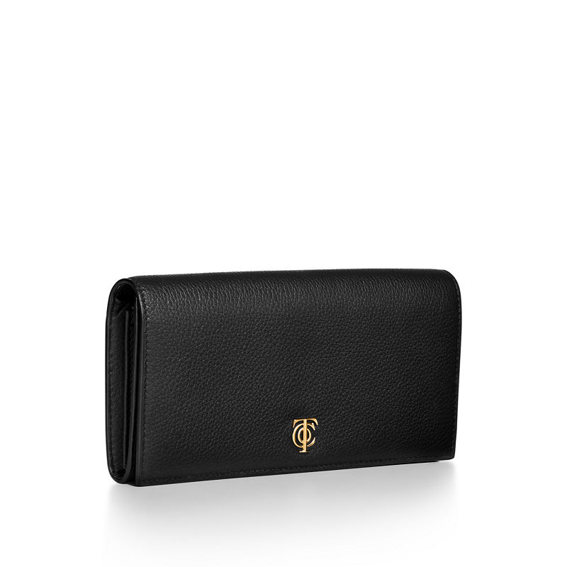 Tiffany & Co. T&CO. Cartera continental de solapa de piel color negro Tienda de fábrica