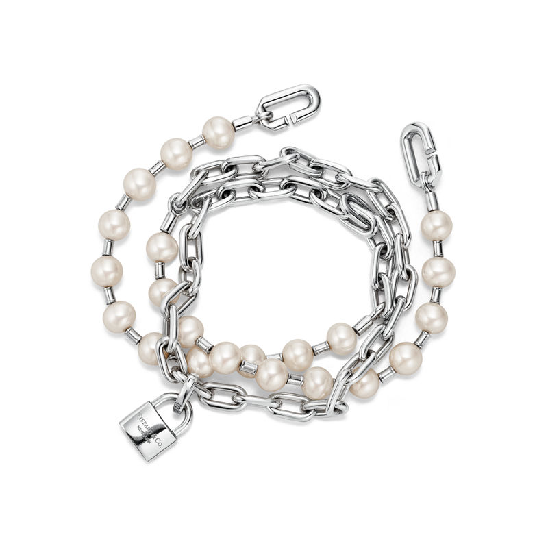 Tiffany & Co. Tiffany HardWear Pulsera con candado y perlas en plata tamaño mediano Tienda de fábrica