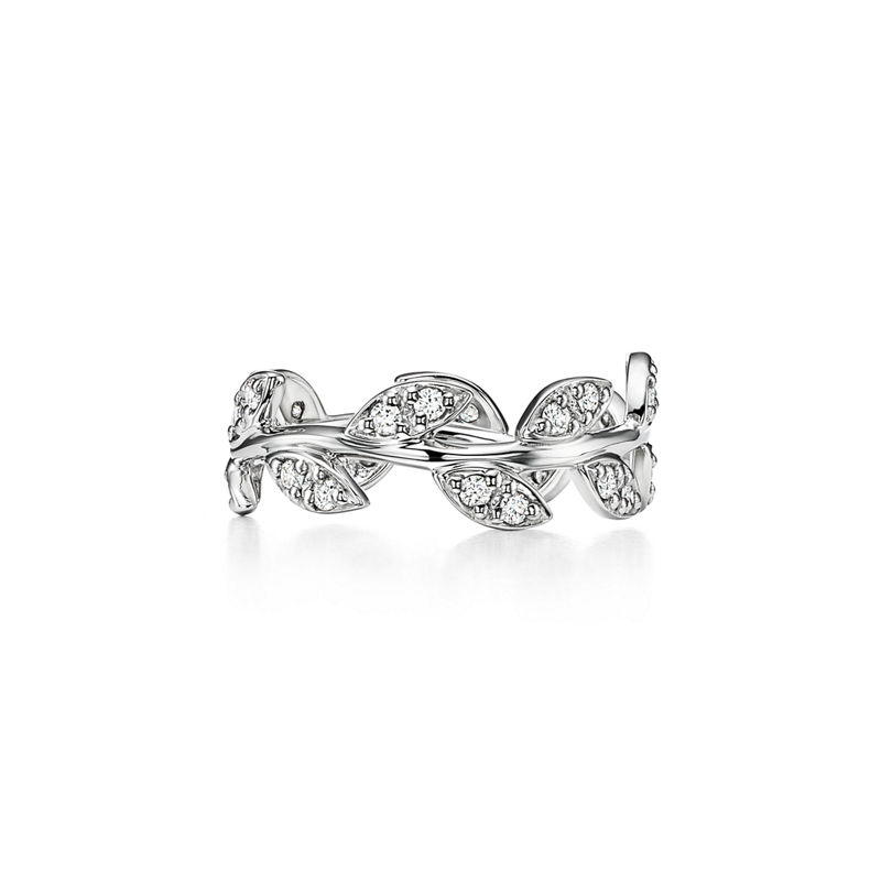 Tiffany & Co. Paloma Picasso® Anillo Olive Leaf en oro blanco con diamantes tamaño estrecho Tienda de fábrica
