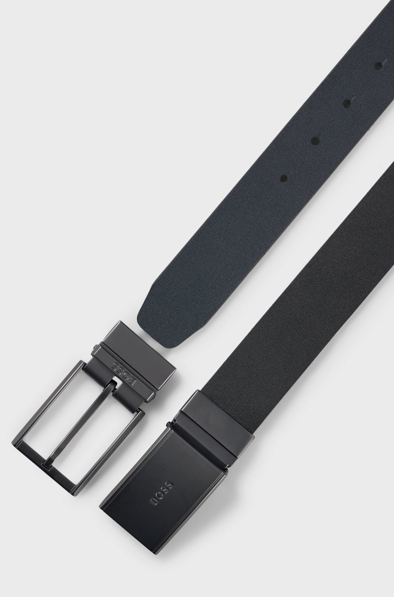 Hugo Boss Cinturón reversible de piel italiana con hebilla con placa y hebijón Última moda