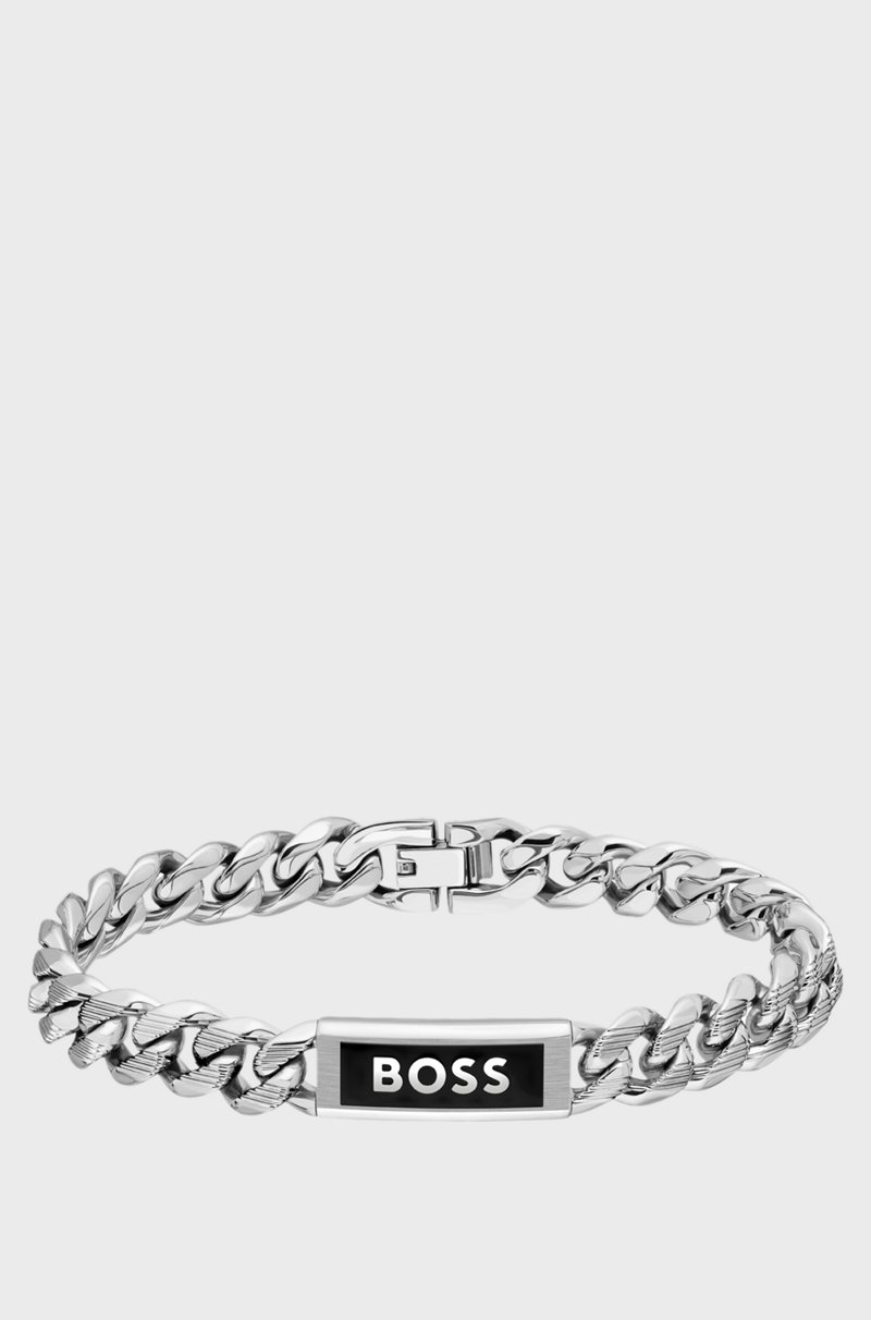 Hugo Boss Brazalete de cadena plateada con placa con logo