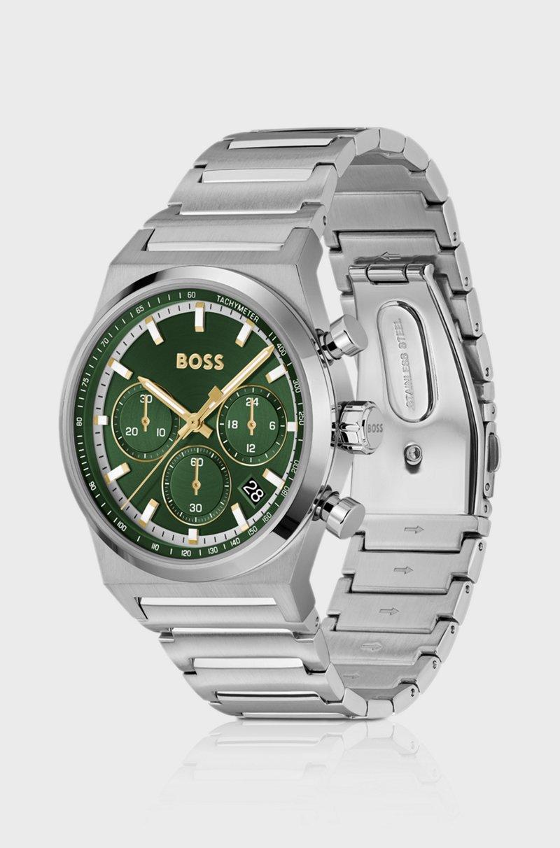 Hugo Boss Cronógrafo de acero en tono plateado con esfera verde COMPRAR AHORA