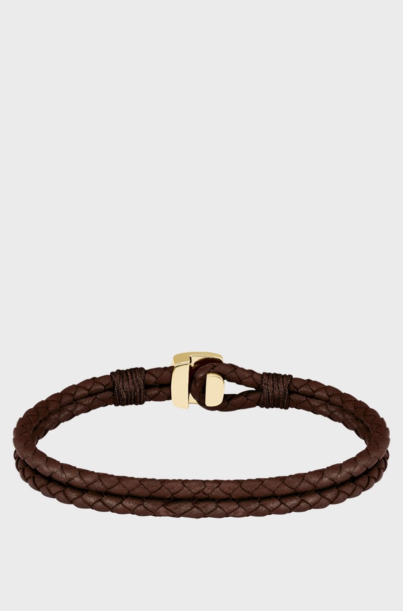 Hugo Boss Brazalete de piel trenzada marrón con cierre dorado Promoción por tiempo limitado