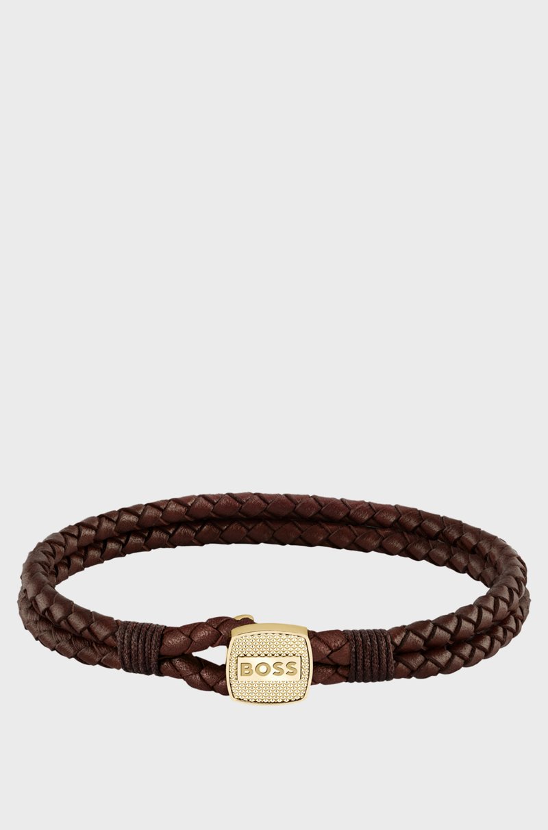Hugo Boss Brazalete de piel trenzada marrón con cierre dorado Promoción por tiempo limitado