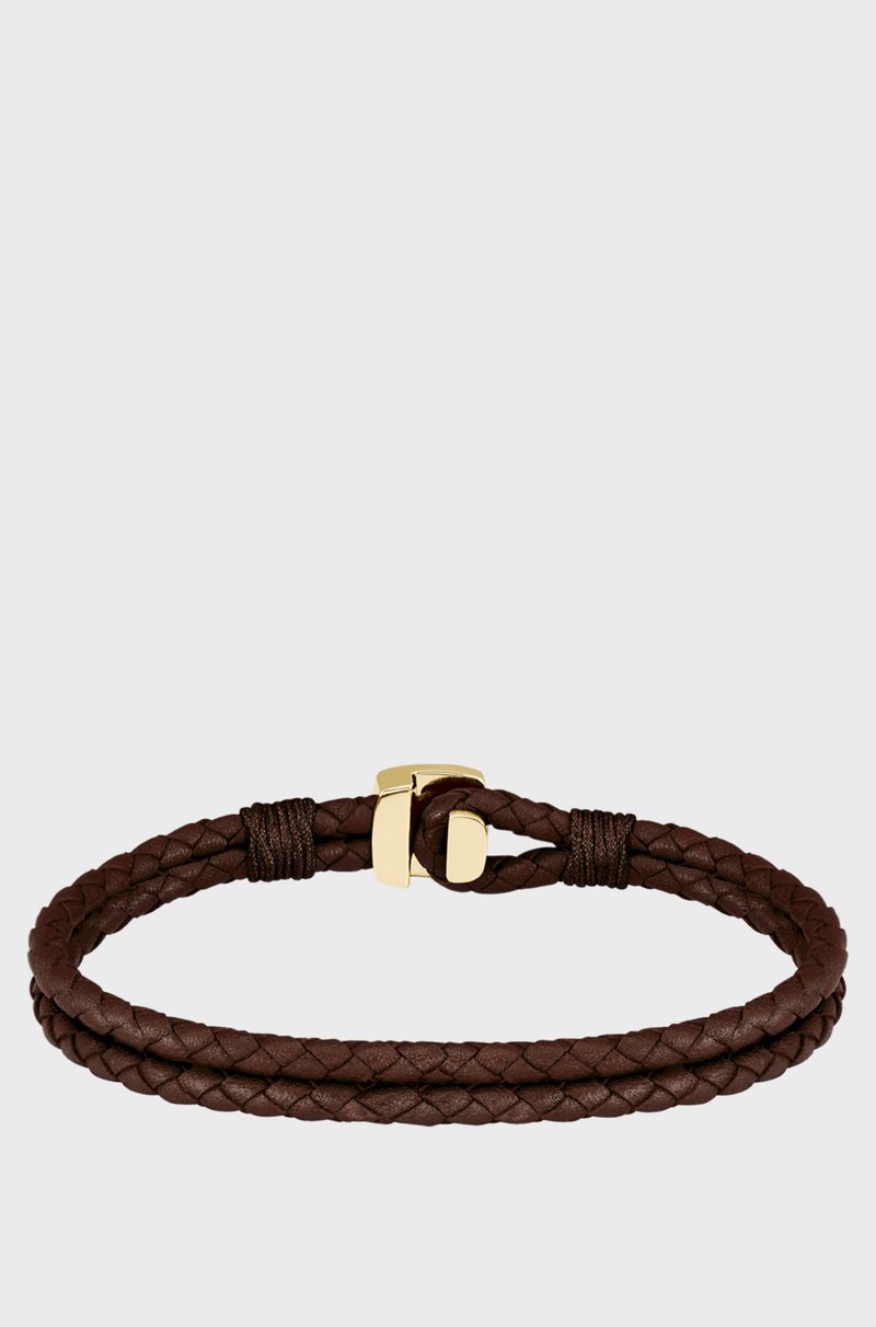 Hugo Boss Brazalete de piel trenzada marrón con cierre dorado Promoción por tiempo limitado