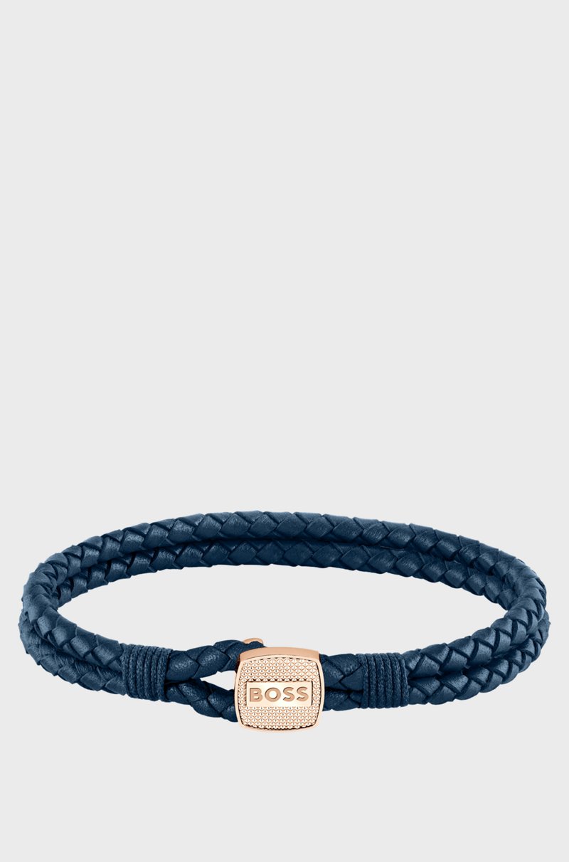 Hugo Boss Brazalete azul de piel trenzada con cierre dorado Tienda de fábrica