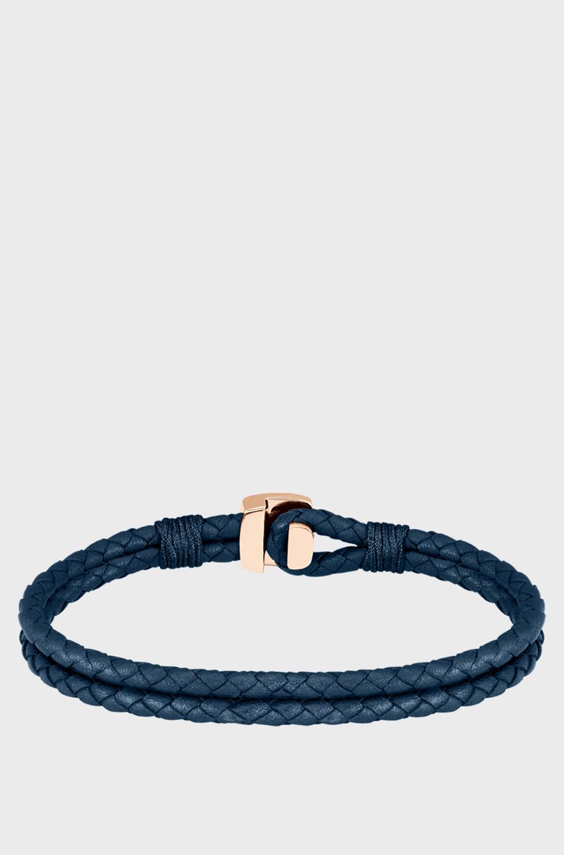 Hugo Boss Brazalete azul de piel trenzada con cierre dorado Tienda de fábrica