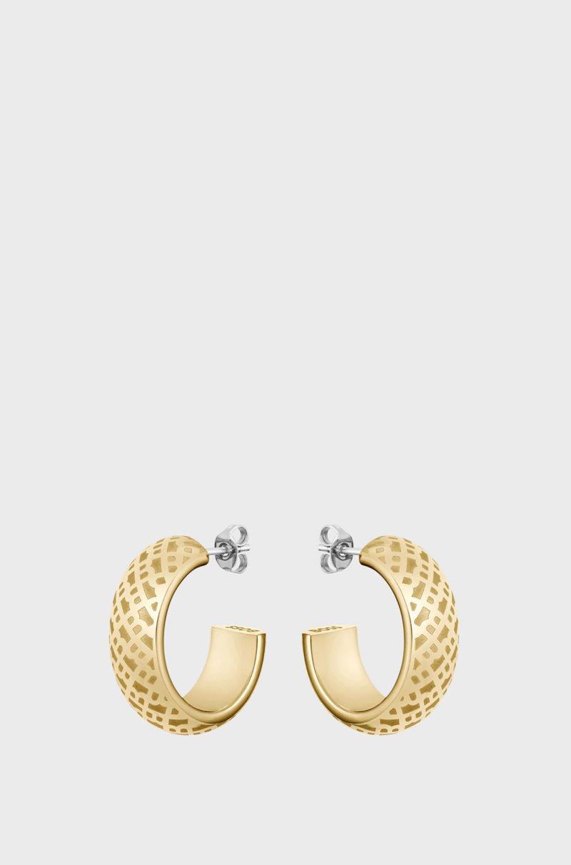 Hugo Boss Pendientes de aro en tono dorado con monogramas grabados Ofertas especiales