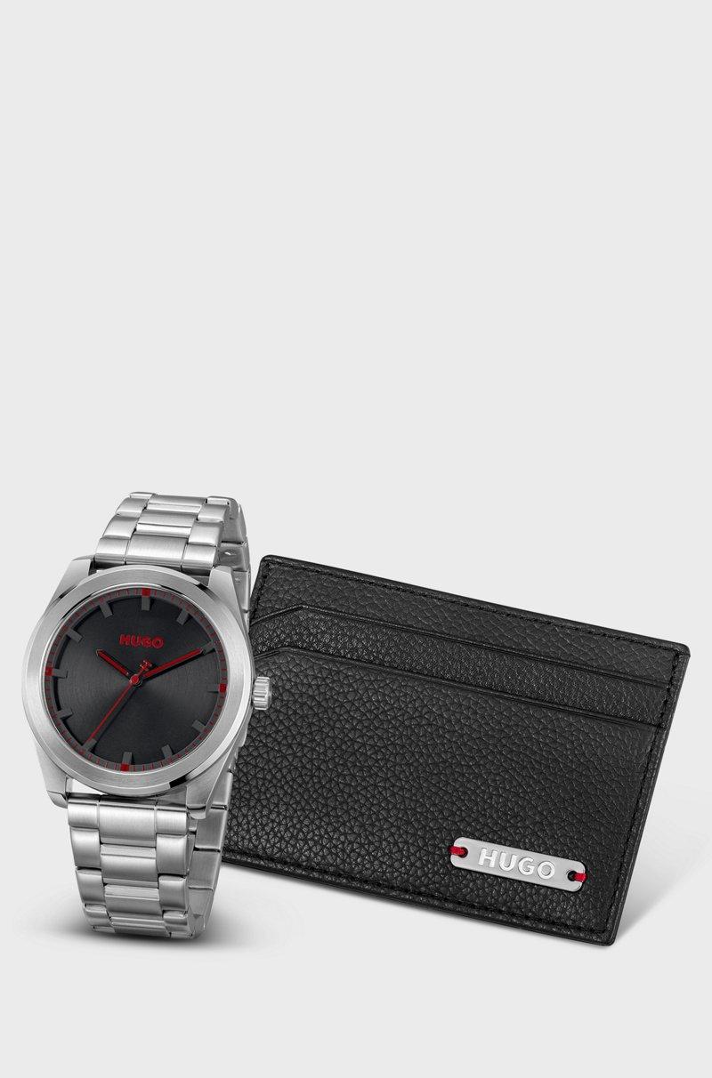 Hugo Boss Set de regalo de tarjetero de piel y reloj con esfera negra Solo hoy
