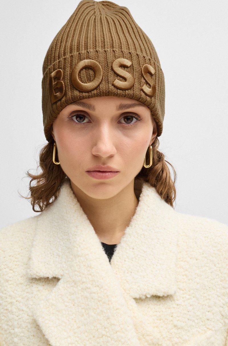 Hugo Boss Gorro de punto de canalé de lana virgen con logo bordado Descuentos del mes