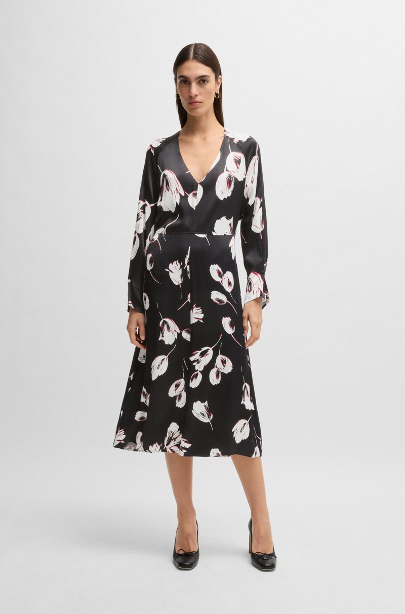 Hugo Boss Vestido de satén con escote en pico y estampado de tulipanes Rebajas