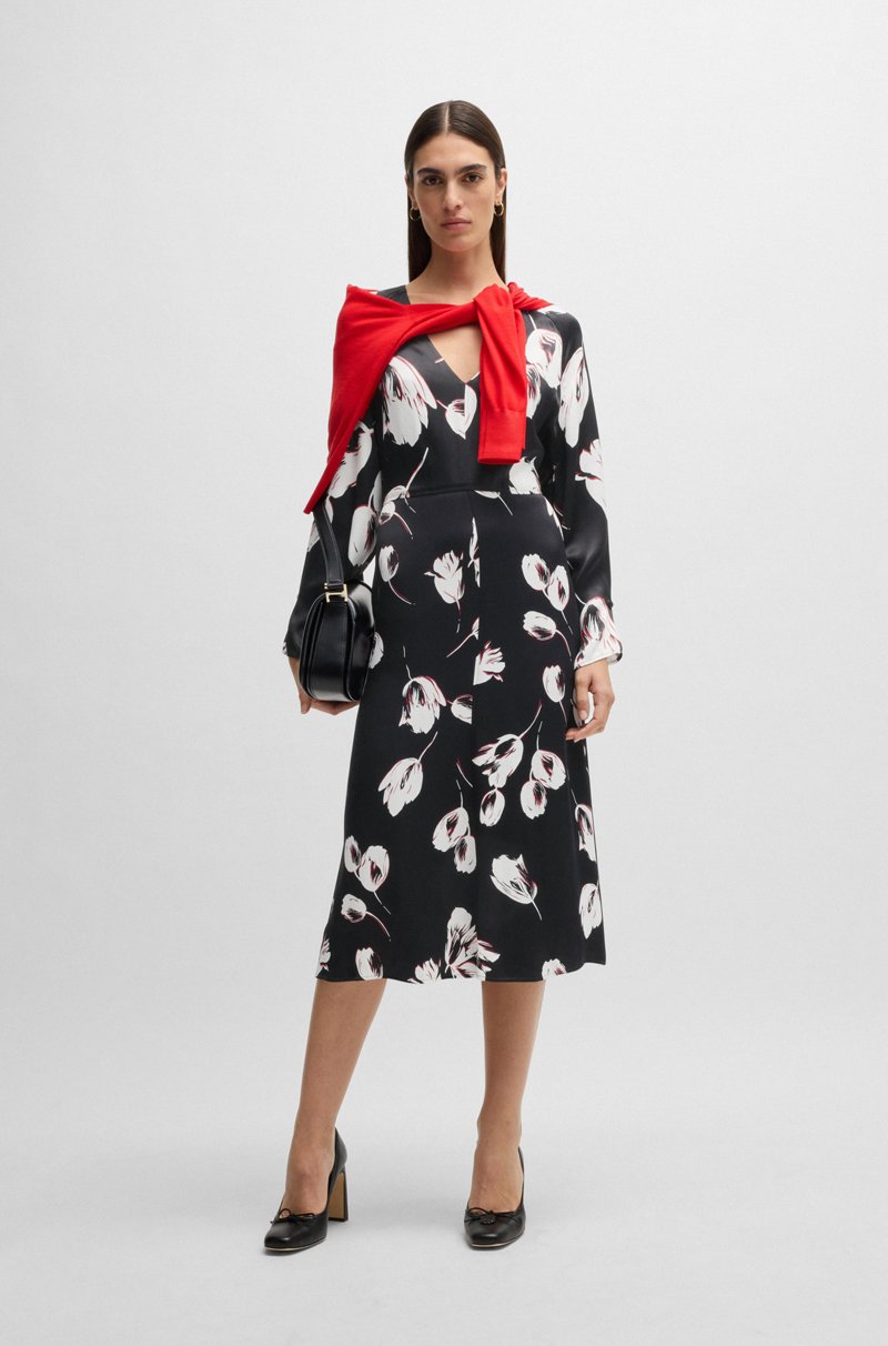 Hugo Boss Vestido de satén con escote en pico y estampado de tulipanes Rebajas