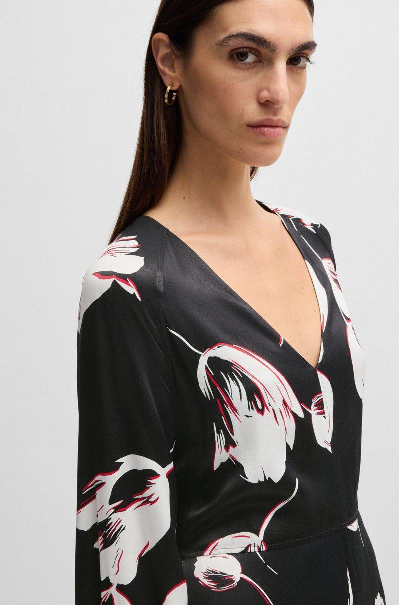 Hugo Boss Vestido de satén con escote en pico y estampado de tulipanes Rebajas
