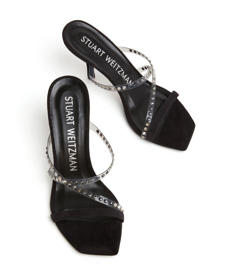 Stuart Weitzman STRAPEZE CRYSTAL 85 SLIDE en Franela/negro/negro multi de Mujer | Stuart Weitzman® Solo queda un día
