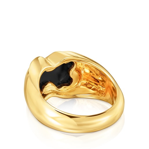 Tous Anillo mediano con baño de oro 18 kt sobre plata y motivo oso en ónix Icon Color Superdescuento