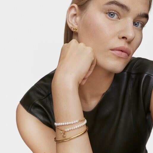 Tous Pulsera cadena oso con baño de oro sobre plata perlas cultivadas y peridoto Bold Bear Libre de impuestos