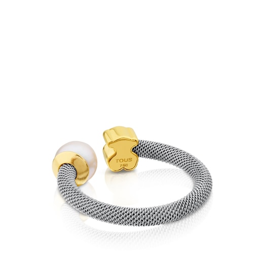 Tous Anillo de acero y oro con perla cultivada motivo oso Icon Mesh Grandes descuentos
