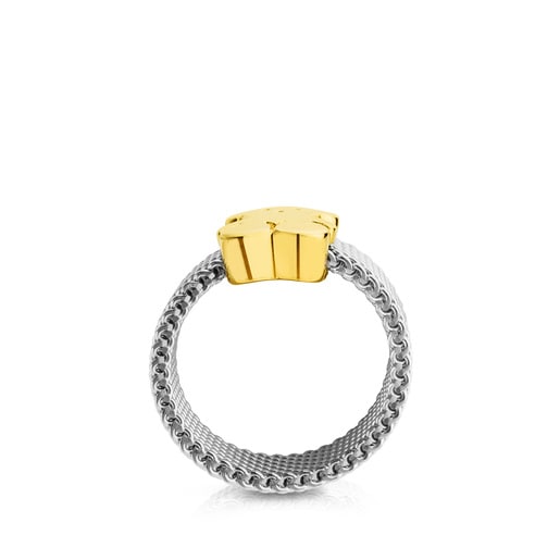 Tous Anillo de acero y oro motivo oso mediano Mesh Liquidación