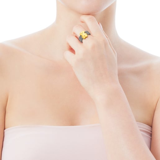 Tous Anillo de acero y oro motivo oso mediano Mesh Liquidación